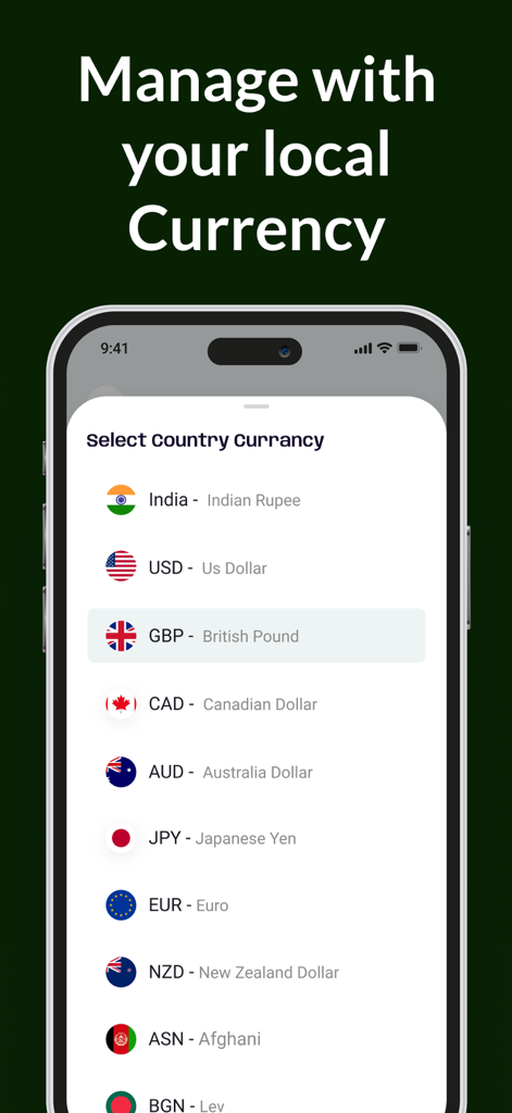 Una pantalla de smartphone que muestra una lista de monedas globales para rastrear suscripciones en una aplicación de finanzas