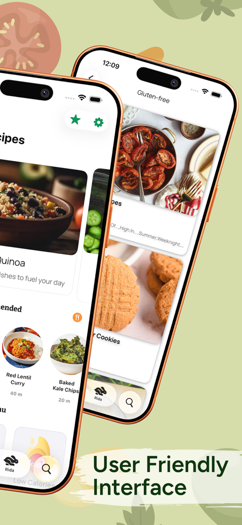 Two smartphones displaying the NutriBites app interface with various healthy and gluten-free recipes.