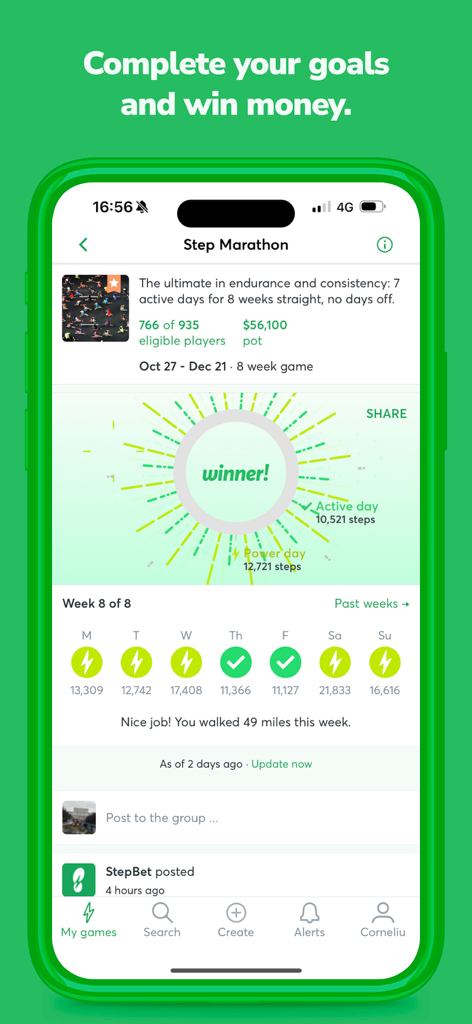 StepBet mobile app interface showing a completed eight week step marathon challenge and a winner notification with daily step counts.