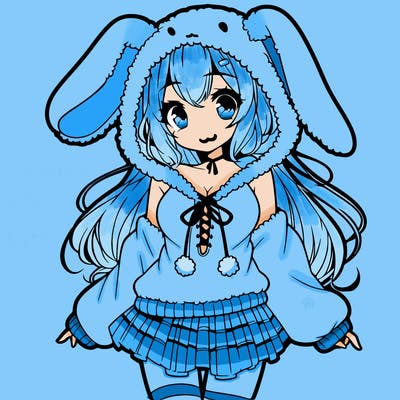 pretty anime girl wearing a fluffy hoodie with bunny ears on the hood and a skirt