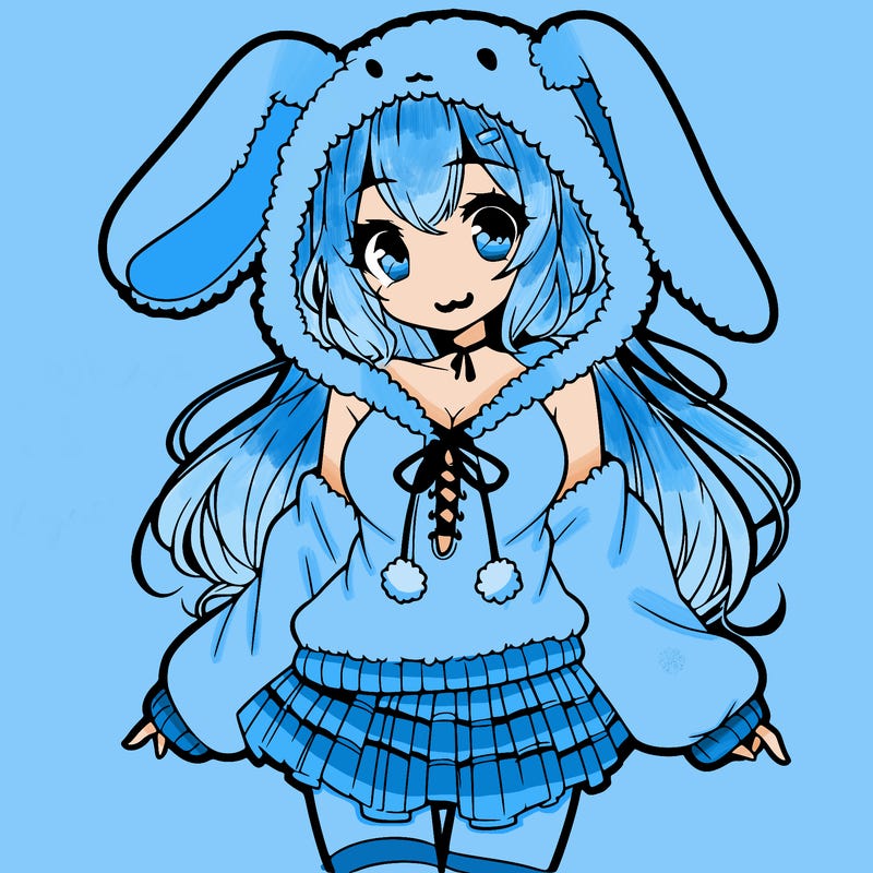 pretty anime girl wearing a fluffy hoodie with bunny ears on the hood and a skirt