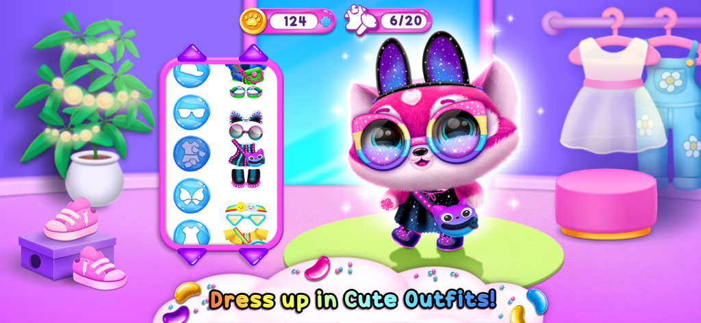 Pink fluffy Fluvsie character wearing colorful glasses and cute clothes in a fashion dressing room