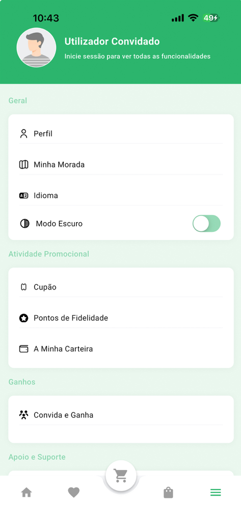 Bafa: pedir comida em casa - Écran du compte utilisateur et des paramètres de l'application de livraison de repas Bafa