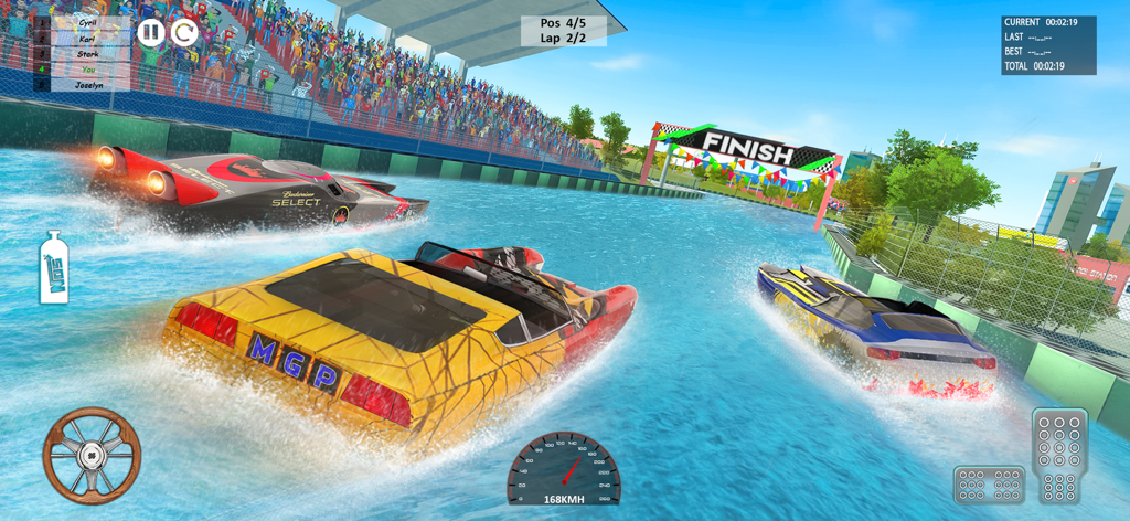 Boat Racing Driving Game 3d - Three speedboats racing toward a finish line in a 3D boat racing game