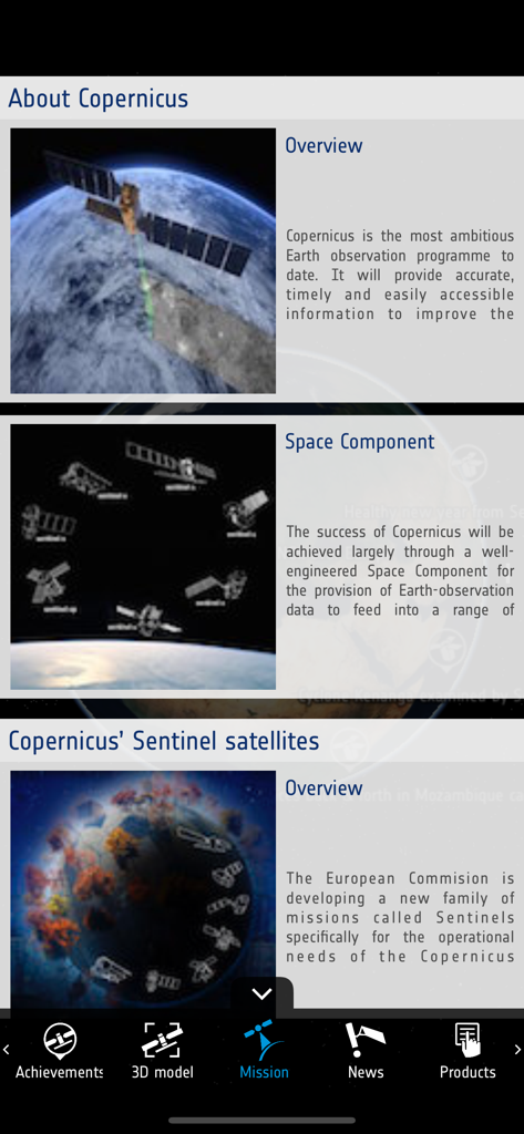 Copernicus Sentinel - Overview of the Copernicus Sentinel mission and its satellite components in the ESA app.