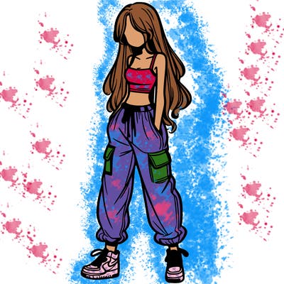 girl in baggy pants crop top and long hair
