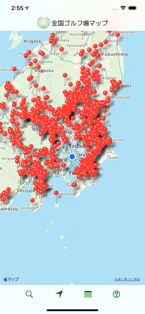 全国ゴルフ場マップ - A map of Japan within the app interface showing a high density of red pin markers indicating golf course locations