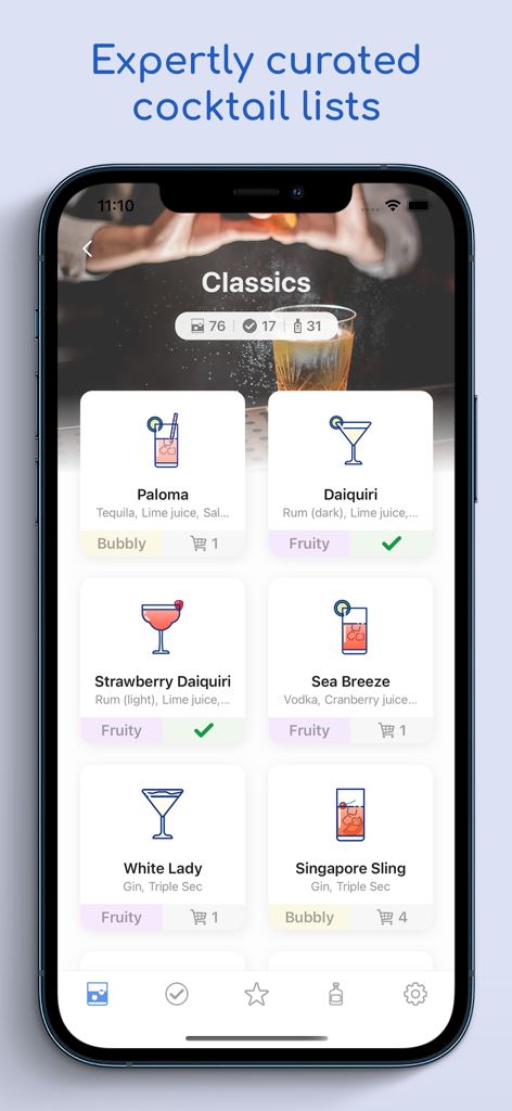 Schermata Classici dell'app FreeFlow che mostra un elenco curato di ricette di cocktail con icone e tag.