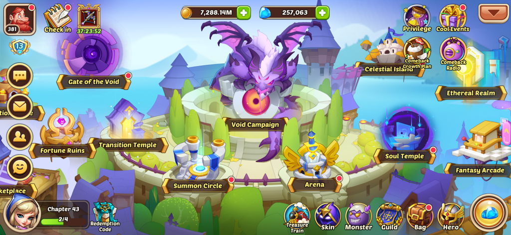 Main game hub of Idle Heroes featuring a purple dragon and various RPG campaign modes