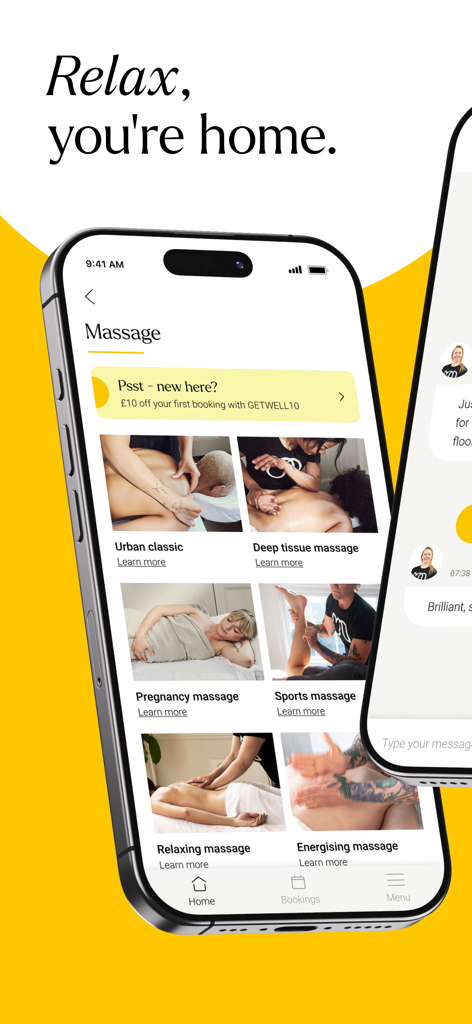 Massage at home | Urban - Urban app interface showing different massage options available for home booking including deep tissue and sports massage