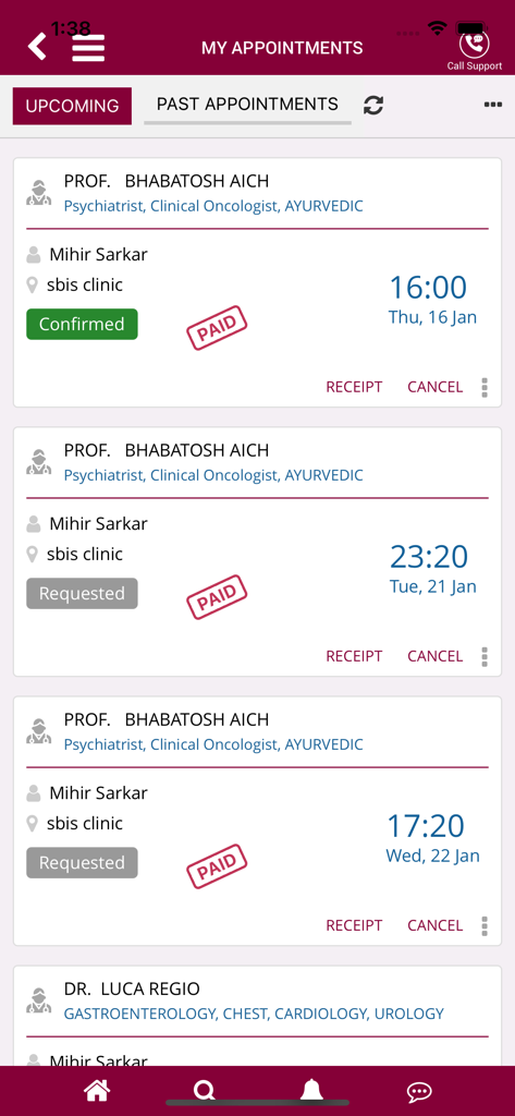 MAMATA Healthcare - Interface d'application mobile affichant une liste des prochains rendez-vous médicaux avec les noms des médecins, les spécialités et les statuts de paiement