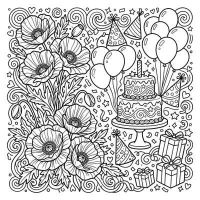 Dive into a world of floral beauty and festive cheer with this unique coloring page, blending delicate pink poppies with exciting birthday party elements. Perfect for adding a touch of personalized artistry to any celebration, this design offers hours of creative relaxation.