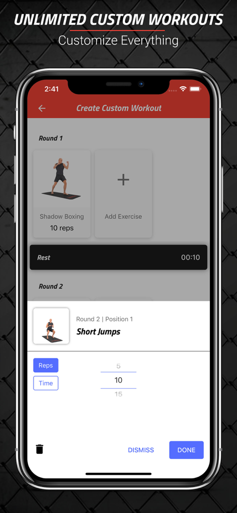 User interface of MMA Spartan Workouts Pro showing the create custom workout screen with options to add shadow boxing and short jumps exercises.