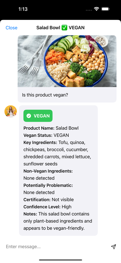 AI-powered analysis of a salad bowl in the Vegan Check app confirming it is 100% vegan