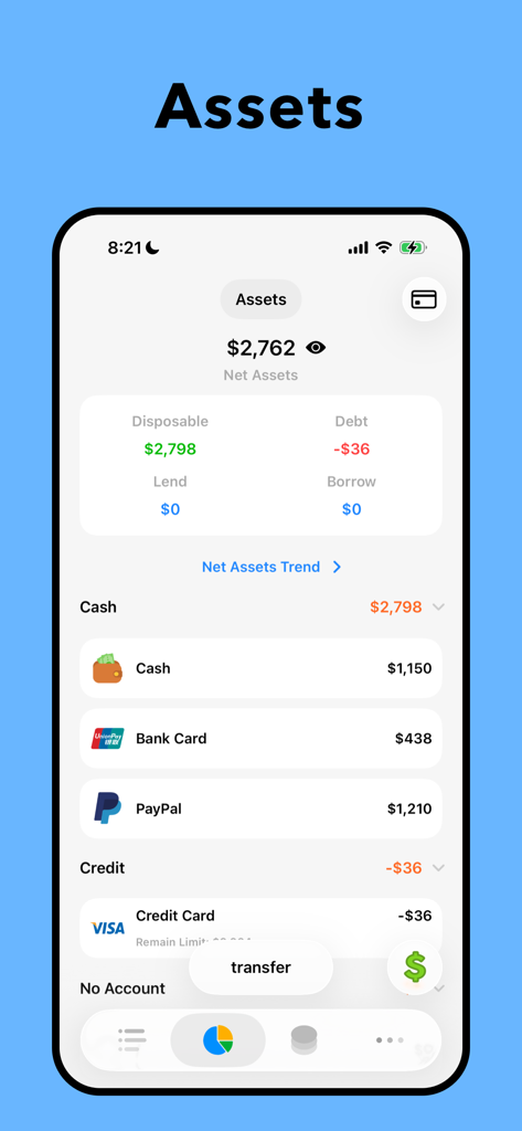 Daak - Budget & Money Tracker - A mobile app screen titled Assets showing a summary of net assets with account categories like Cash Bank Card and PayPal