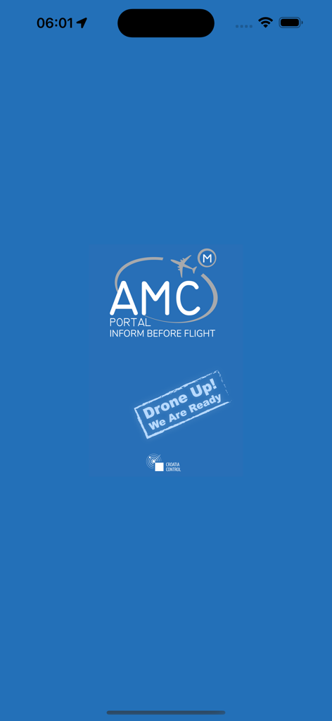 AMC Portal Mobile app splash screen with logo and drone safety messaging