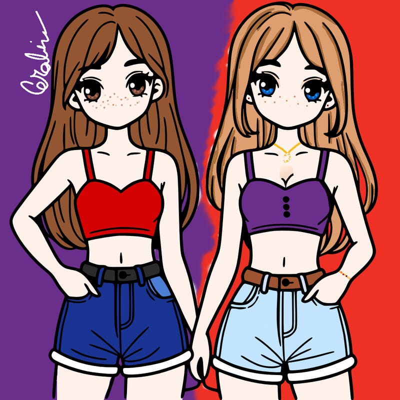 two sisters with crop tops and jean shorts and straight hair