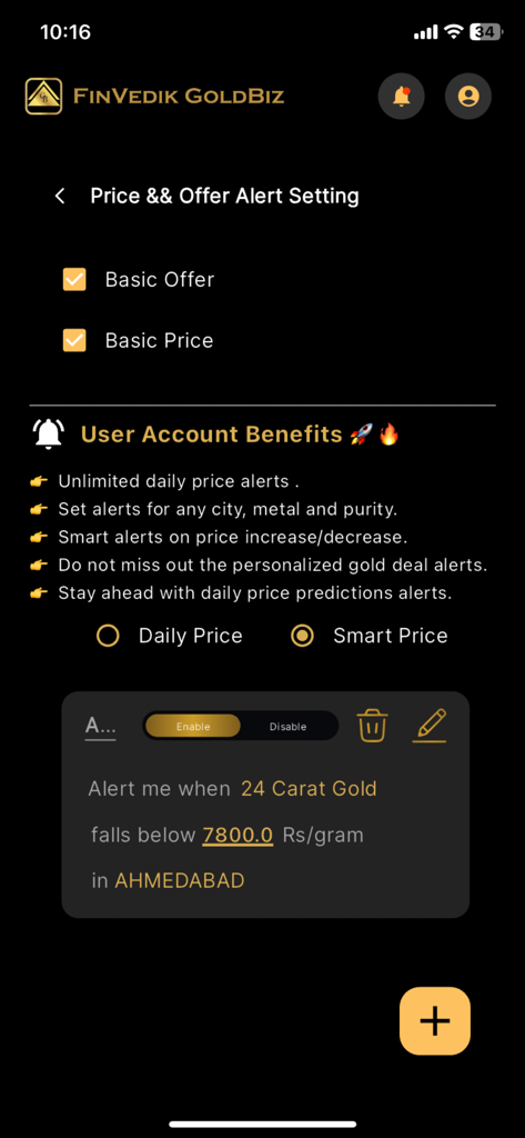 Gold Rate Today - India Live - Configuración personalizable de alertas de precios y ofertas de oro en la aplicación móvil FinVedik GoldBiz.