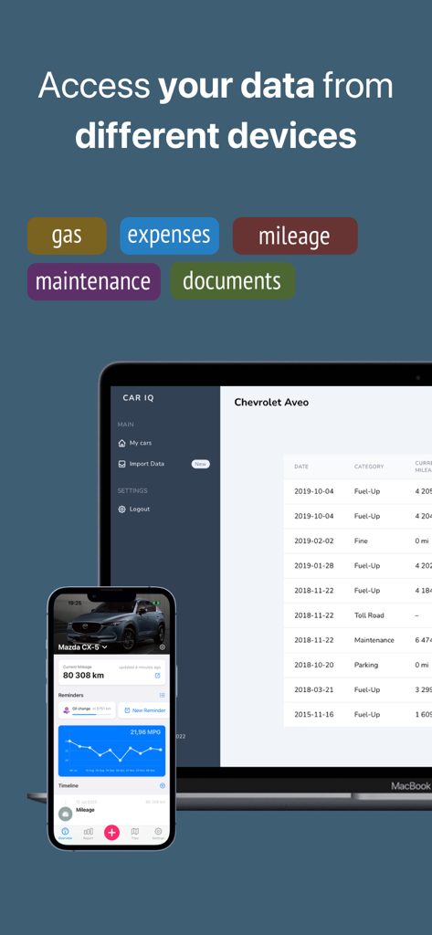 CarScope app displaying vehicle data synced across an iPhone and a MacBook