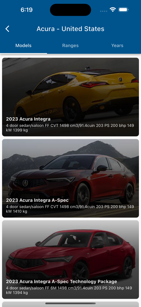 Lista de modelos Acura en la aplicación Car Specs Hub que muestra las especificaciones técnicas del Integra 2023.