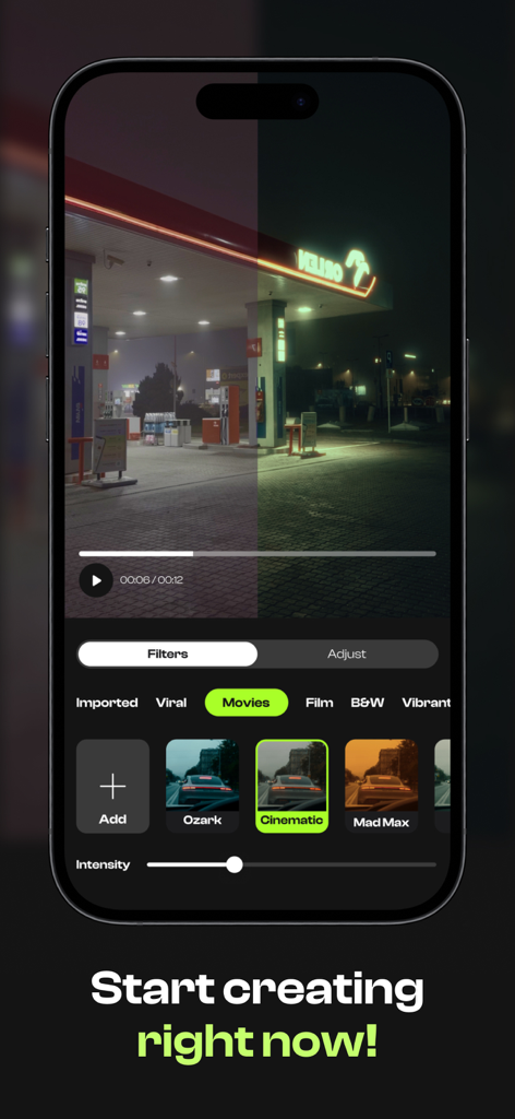 LUT Studio: Cinematic Filters - Interfaccia dell'app LUT Studio su iPhone che mostra un filtro di color grading cinematografico applicato a un video notturno di una stazione di servizio.