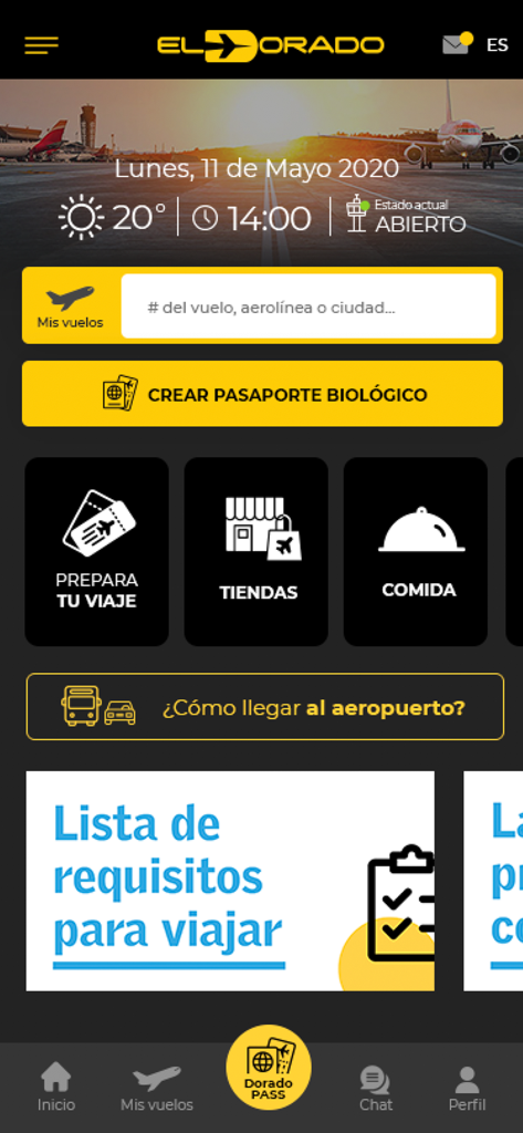 Aeropuerto El Dorado - Main dashboard of the Aeropuerto El Dorado app featuring flight search and travel services