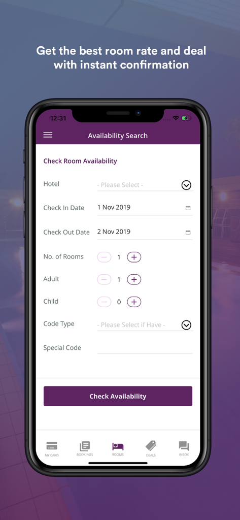 One Imperial Rewards - Availability search screen of the One Imperial Rewards app for hotel room booking in Sarawak.