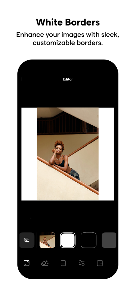 Interfaz de la aplicación Instasize que demuestra la función de bordes blancos para una edición de fotos estética.
