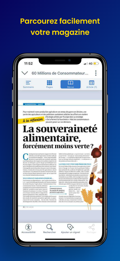 60 Millions - 60 Millions app showing a digital magazine article on an iPhone screen