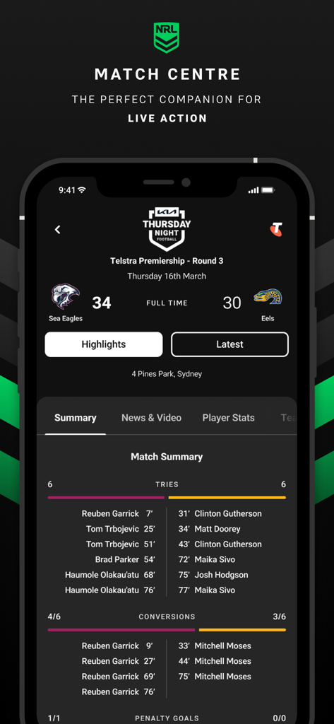 NRL Official App - The NRL Official App Match Centre displaying a match summary between the Sea Eagles and Eels with live scores and player stats