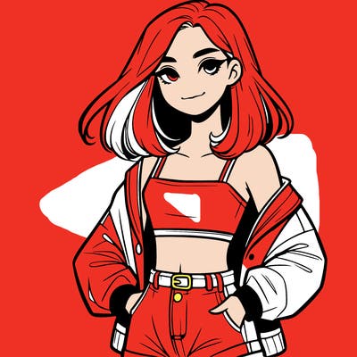 a realistic girl with a crop top and short shorts in an open jacket