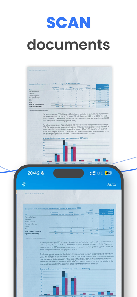 Tap & Print: Smart Air Printer - iPhone screen showing the scan documents feature with a financial report