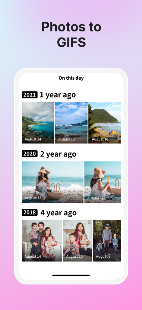 Vivid - AI Photo Enhancer - La pantalla de un smartphone que muestra una función de línea de tiempo de recuerdos que convierte fotos en GIFs animados ordenados por fecha.
