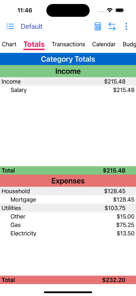 MoBill Budget - MoBill Budget app screen showing a summary of monthly income and categorized household expenses like mortgage and utilities
