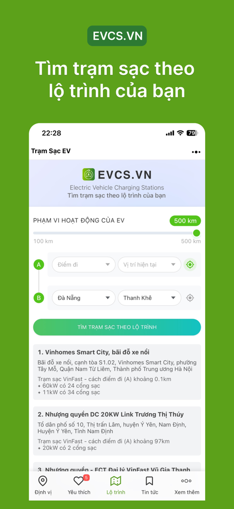 Interface showing EV route planning and charging station suggestions along a path