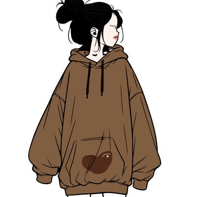 realistic girl with a oversized sweatshirt on and a bun