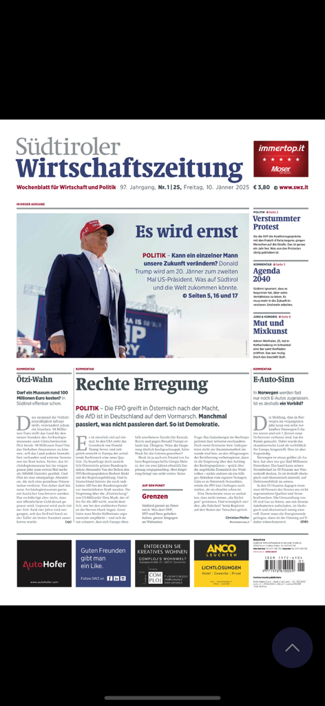 Digitale Titelseite der Südtiroler Wirtschaftszeitung.