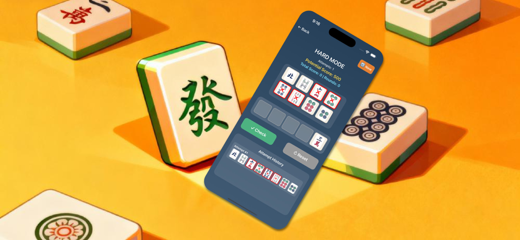 A smartphone showing the Hard Mode interface of the Mahjong Brain Sort app, surrounded by large 3D mahjong tiles.