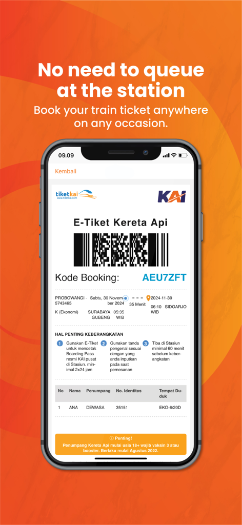 A mobile phone screen displaying an Indonesian train e-ticket with a barcode and journey details.