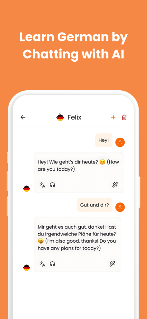 Learn German - Deutsch Mentor - Interface of the Deutsch Mentor app showing a conversation in German with an AI tutor named Felix.