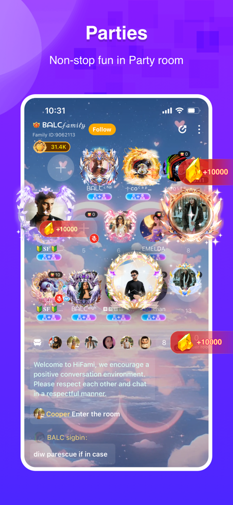 Hifami mobile app screenshot showing a virtual party room with social chat and user avatars in decorative frames