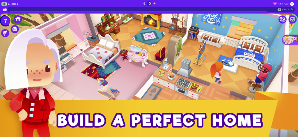 Idle Life Sim - Simulator Game - Une pièce décorée en jeu dans Idle Life Sim, présentant des meubles personnalisés et un avatar avec la légende Construire une maison parfaite