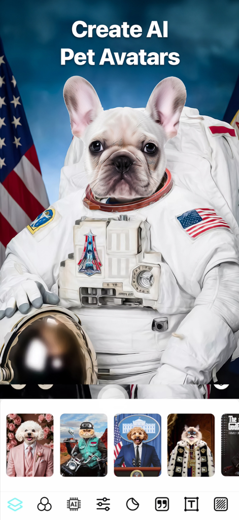 AI-generated avatar of a French Bulldog in an astronaut suit with an American flag background.