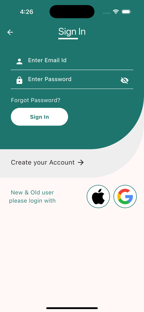 Bella Sicilia - Restaurant - Sign in page of the Bella Sicilia restaurant mobile app with email and social login options