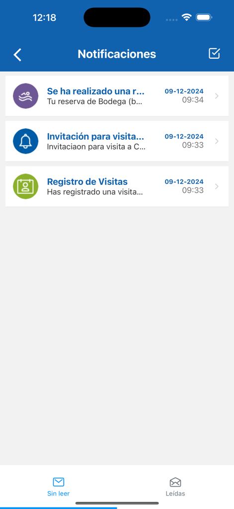 Notifications screen of the Edifito app displaying resident alerts for visitor logs and amenity reservations