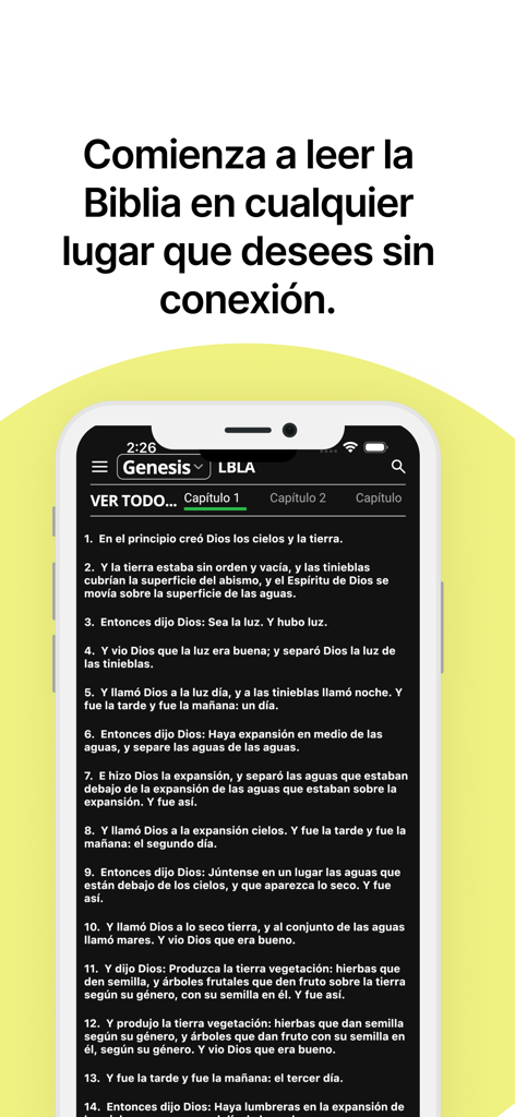 BibliaChat - Pantalla de la app móvil BibliaChat mostrando el libro de Génesis en español con el modo de lectura sin conexión activado.