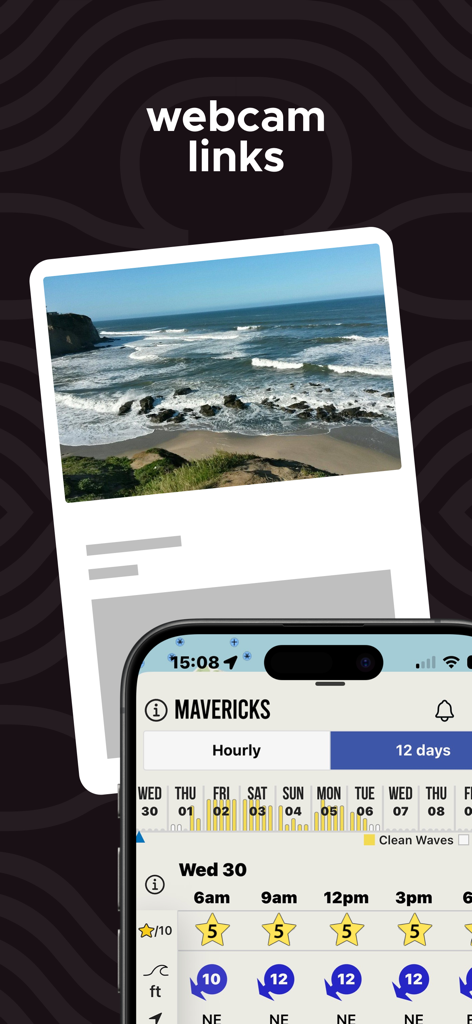 Surf-Forecast app interface showing live webcam links and detailed surf data for Mavericks.