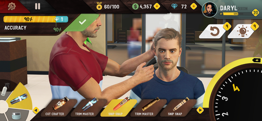 Virtual barber styling a customer hair in a professional salon simulation