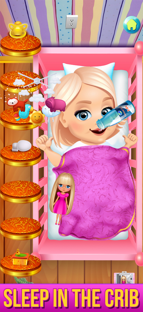 Baby Care & Dress Up Game - A baby character lying in a pink crib with a purple blanket and a milk bottle