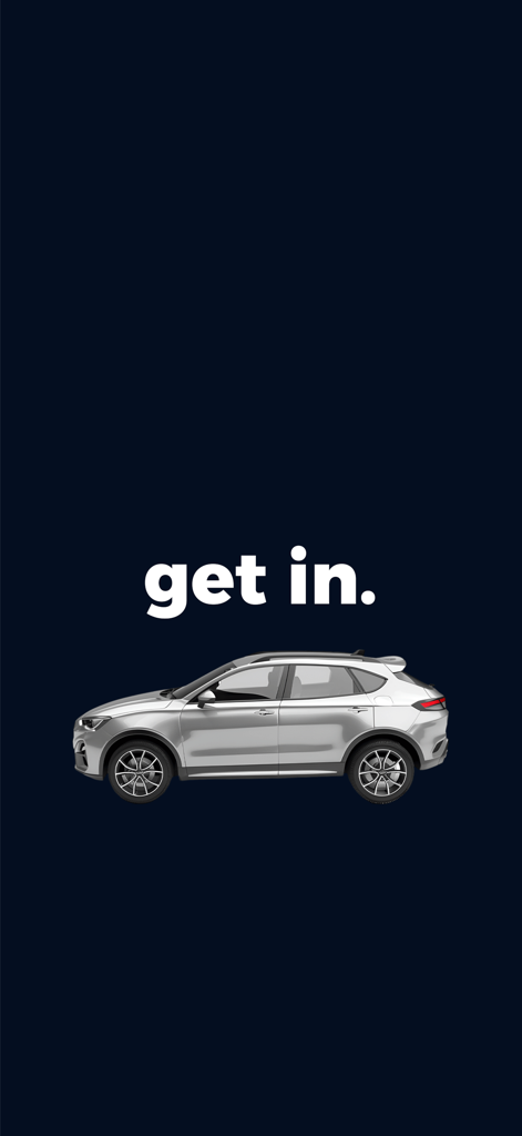 Carly app splash screen featuring a silver SUV and the text get in